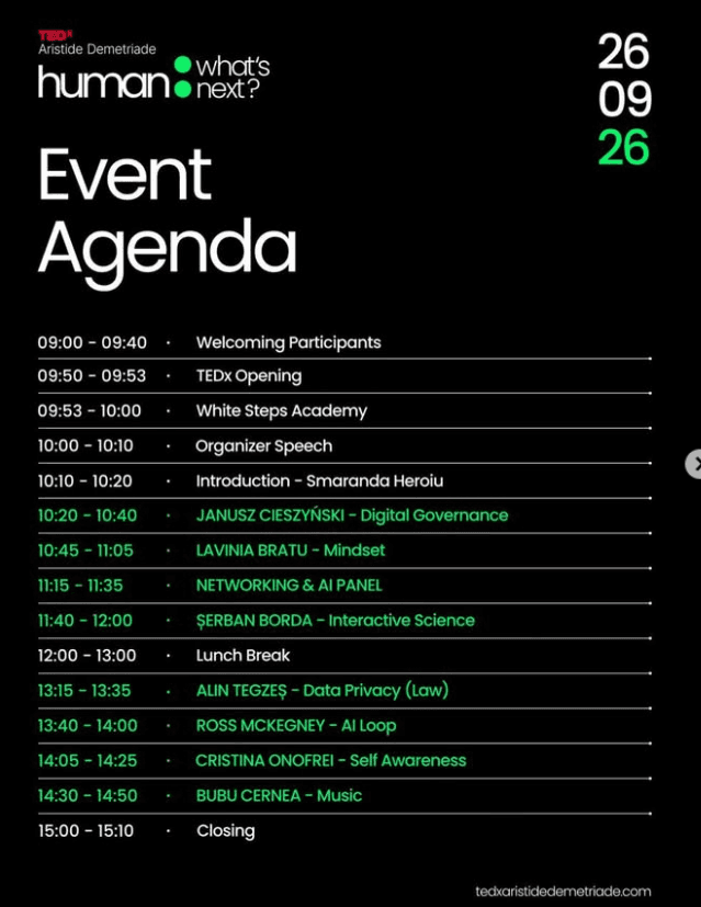 Agenda originală TEDx 2026, 26 septembrie, 09:00–15:10