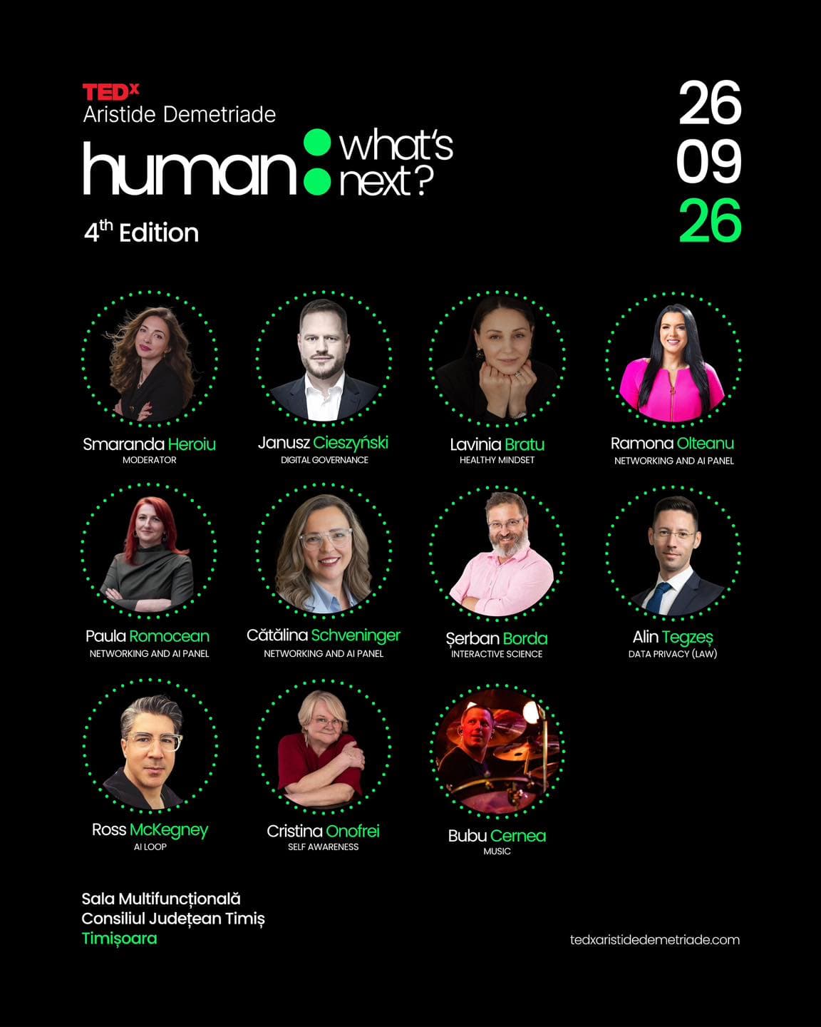 Poster TEDx Aristide Demetriade 2026: human, what's next? — speakerii ediției a IV-a
